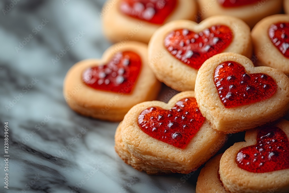 Heart-Shaped Jam Cookies on Marble Surface for Valentine's Day or Romantic Occasions Heart-Shaped Jam Cookies on Marble Surface for Valentine's Day or Romantic Occasions
