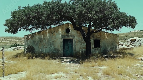 A countryside church surrounded by tall oak trees under a pastel-colored sky