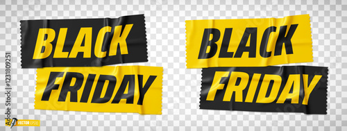 Vector realistic illustration of adhesive tape with black friday text on a transparent background.