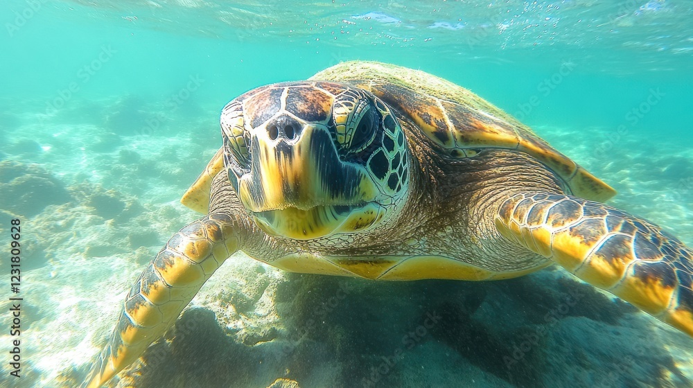 Fototapeta premium Underwater Sea Turtle Closeup, Coral Reef Background, Ocean Wildlife