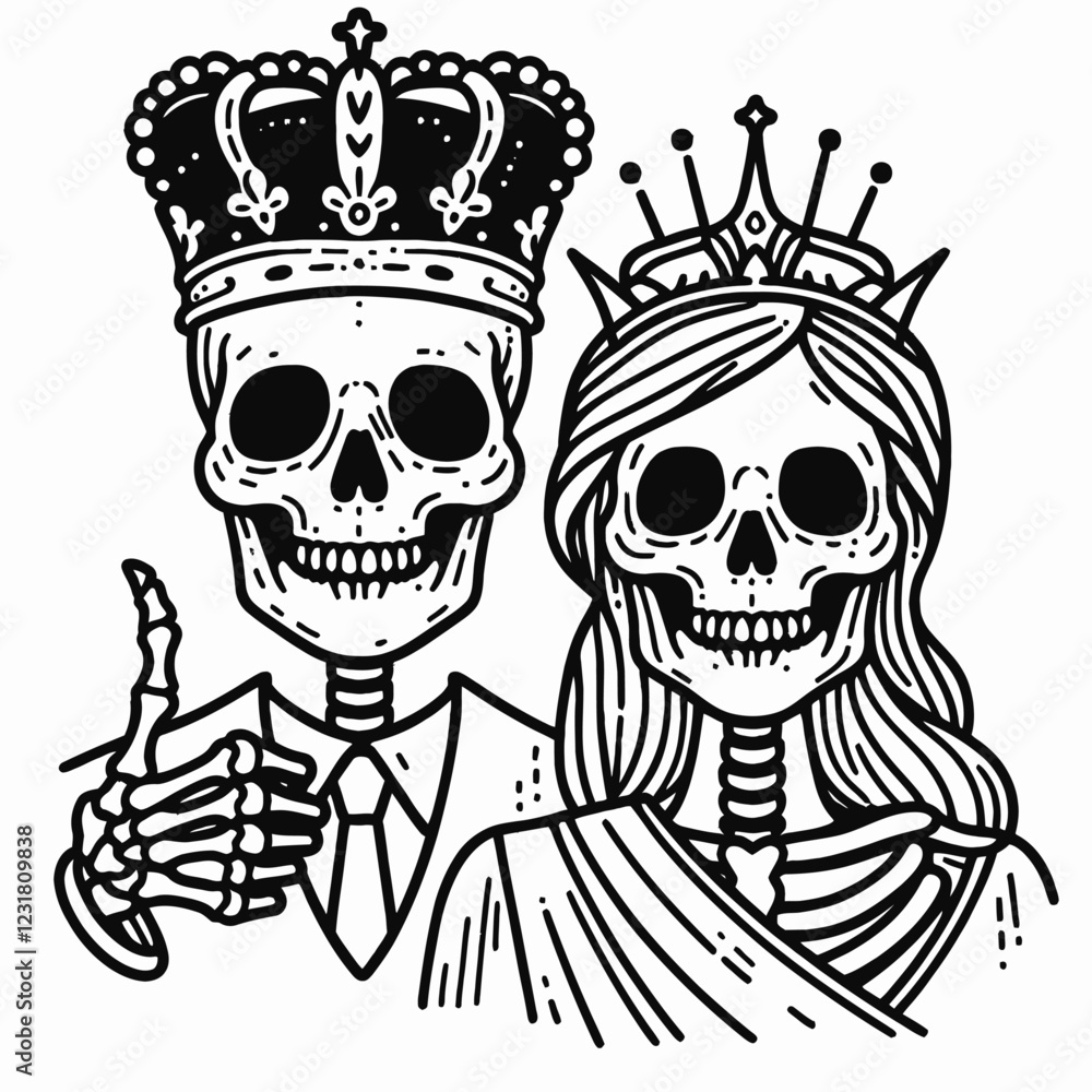 Fototapeta premium A couple of skeletons dressed as royalty, featuring a king and queen, showcasing a whimsical and playful take on Halloween or Dia de los Muertos themes.