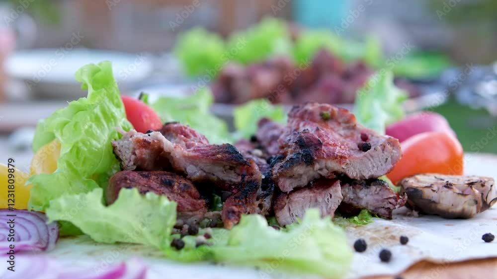 A vibrant Mediterranean spread with grilled skewers, fresh vegetables, and savory sides, perfect for a summer feast. (Aerial view), top view 