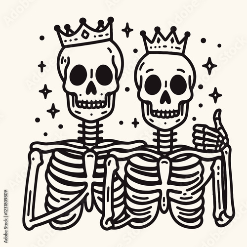 Two crowned skeletons stand together, exuding a playful vibe with one giving a thumbs-up, surrounded by whimsical stars.