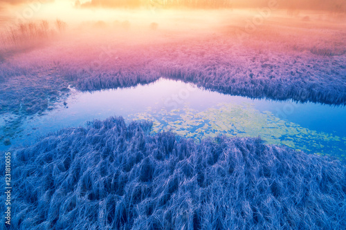 Obraz na płótnie Magic sunrise over the lake. Misty early morning, rural landscape, wilderness, mystical feeling. Serenity lake in magical light w salonie