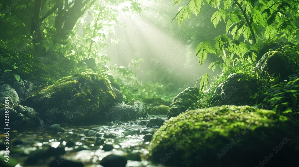 Fototapeta premium Sunbeams illuminate mossy stream, lush forest; nature background