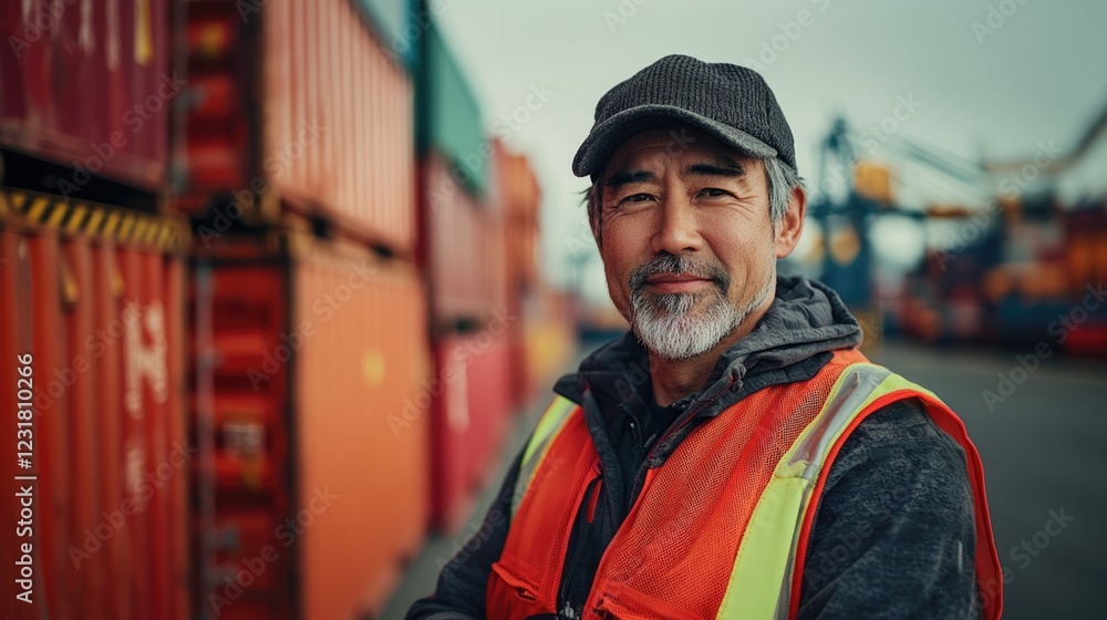 Obraz premium Confident dock worker in safety gear at shipping port