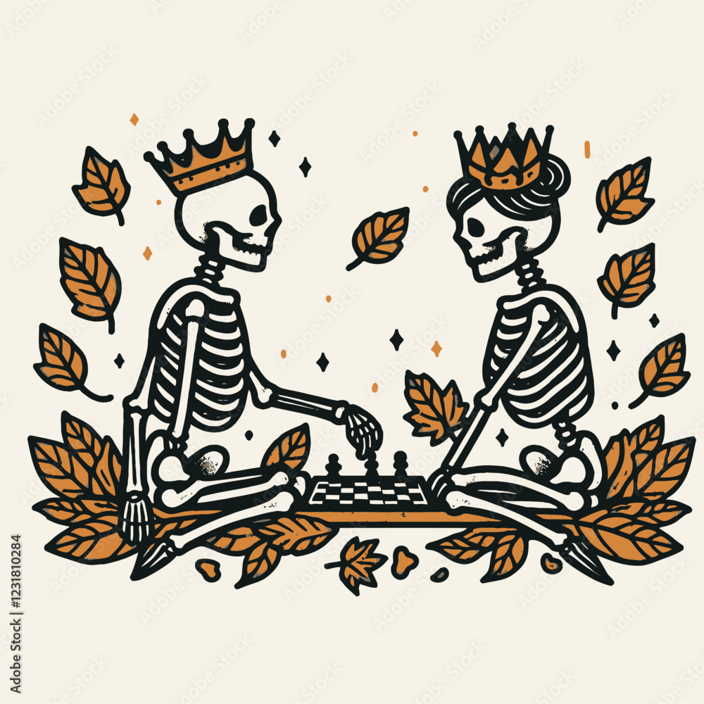 Two skeletons play chess under crowns, surrounded by autumn leaves, blending themes of life, strategy, and the season. Two skeletons play chess under crowns, surrounded by autumn leaves, blending themes of life, strategy, and the season.