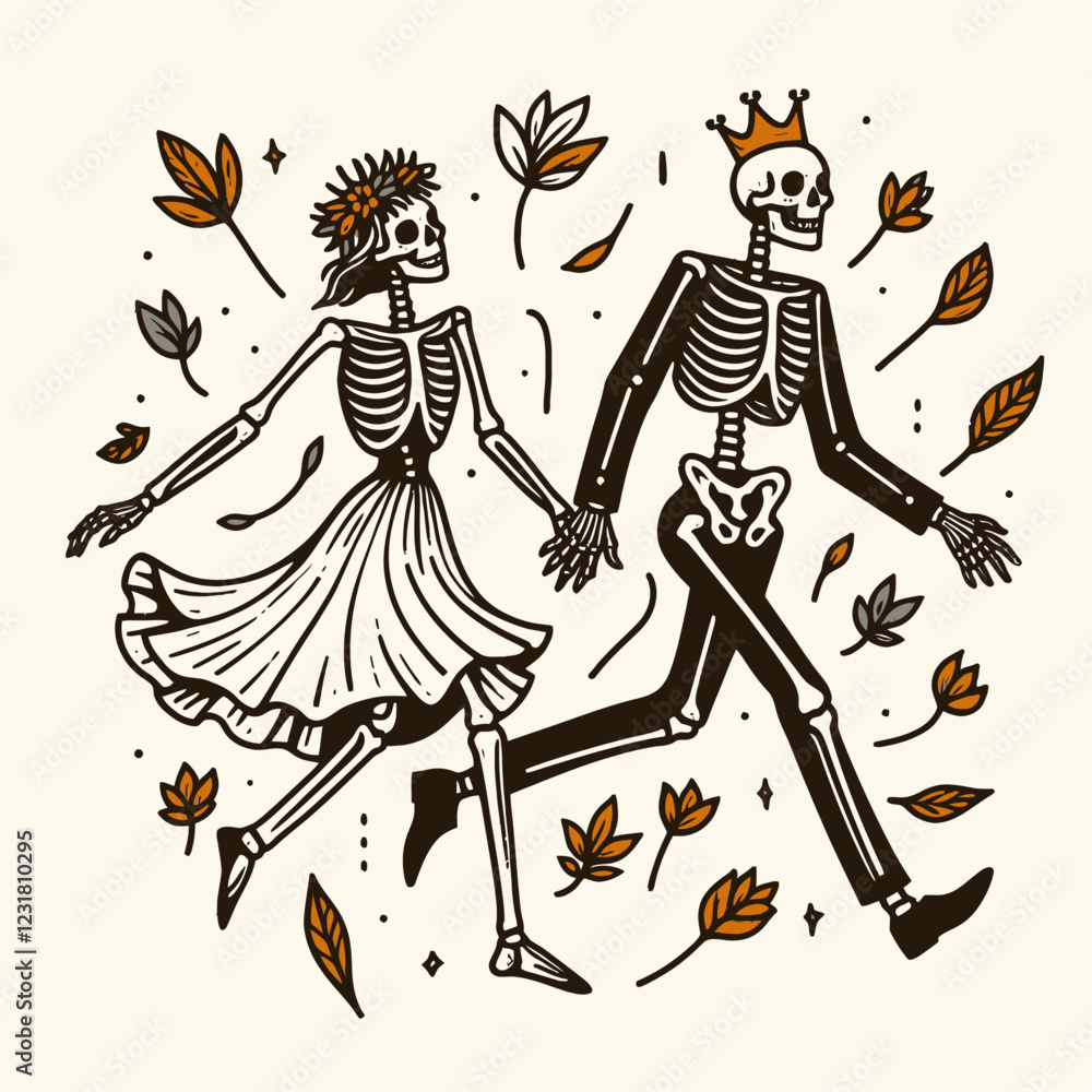 Fototapeta premium A whimsical illustration of a skeleton couple dancing among autumn leaves, capturing a playful and romantic theme.