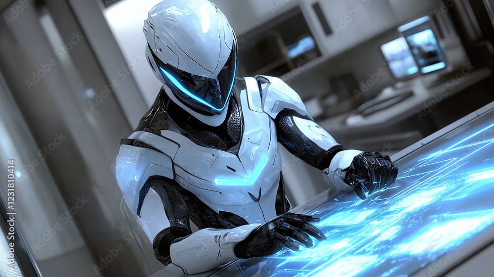 Fototapeta premium Futuristic robot interacting with holographic display in modern high-tech environment, showcasing advanced technology and sleek design with glowing accents.