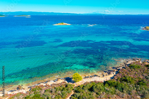 Obraz na płótnie Panoramic view of seascape with beautiful bay on a sunny day. View from above. Vourvourou, Greece, Europe w salonie