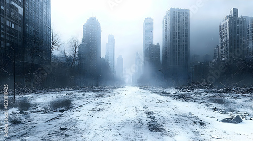 Desolate city street, winter, snow, ruins, post-apocalyptic
