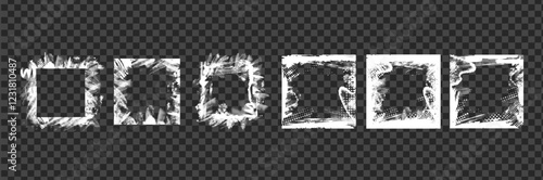 Glitch distorted noise defect error square frame set. Trendy border punk textured halftone banners