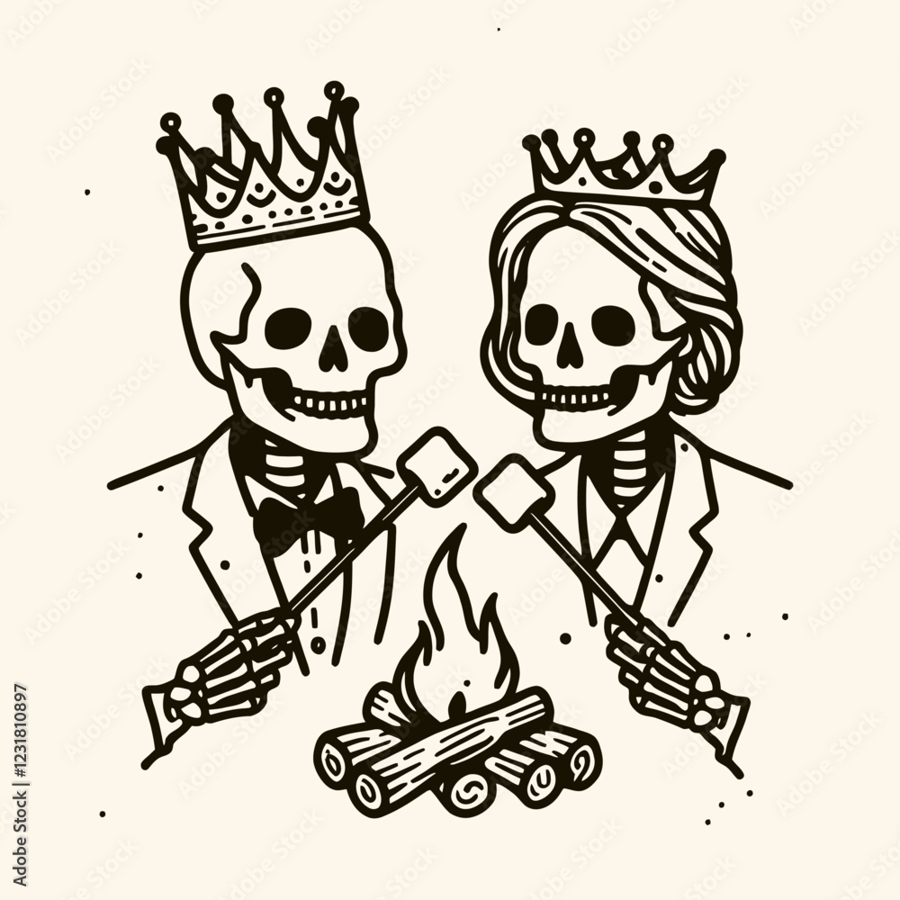 Fototapeta premium Two crowned skeletons roasting marshmallows over a campfire, combining playful imagery with a touch of the macabre in a whimsical design.