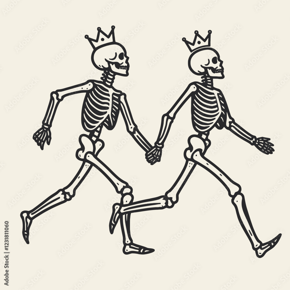 Fototapeta premium Two playful skeletons in crowns hold hands, running together in a whimsical and light-hearted design.