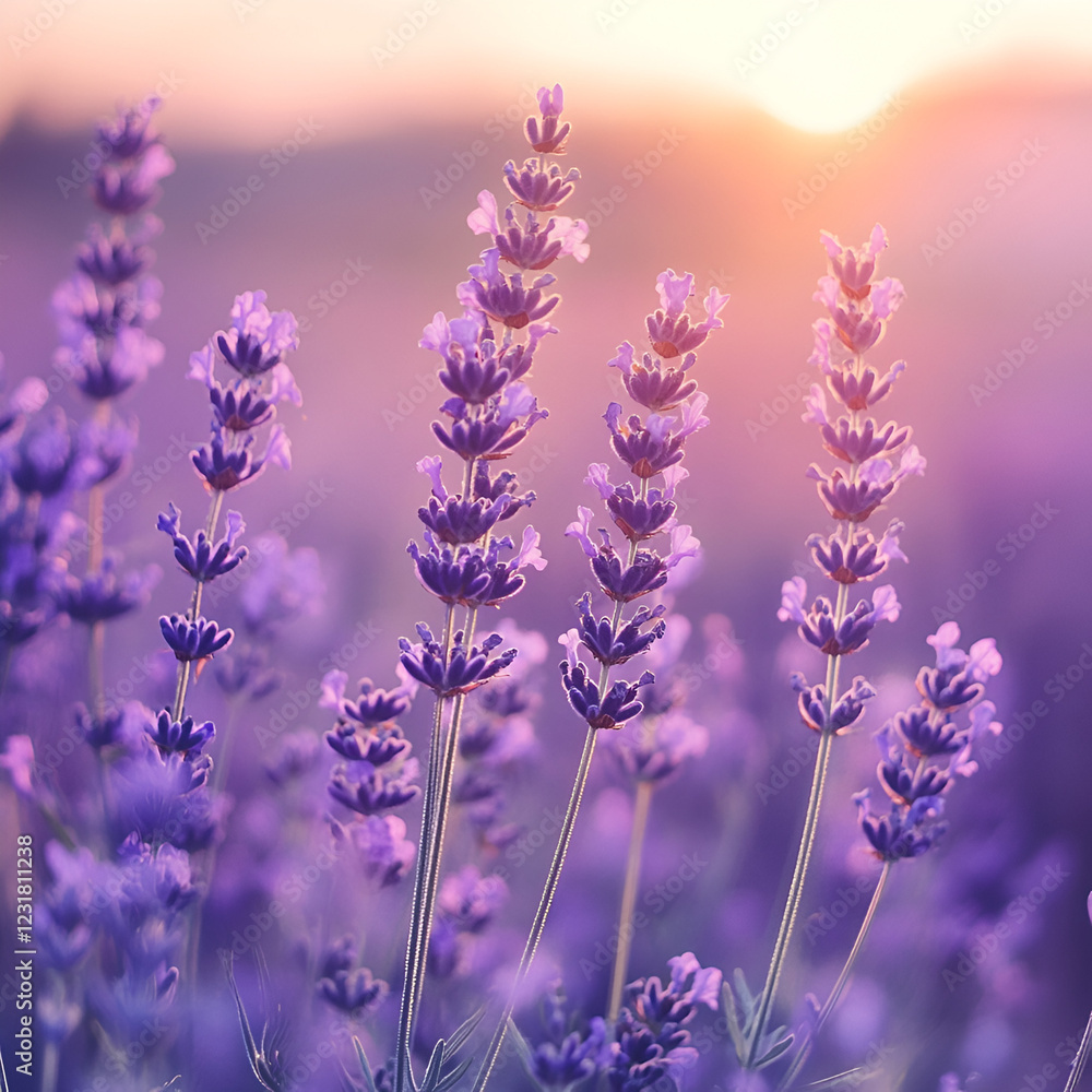Obraz premium Lavender Field at Sunset: Delicate lavender flowers sway gently in the breeze as the sun sets, casting a warm, ethereal glow over the field. This image captures the beauty of nature.