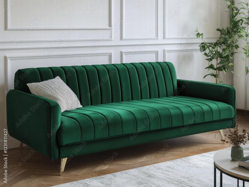 Obraz premium A green sofa with white pillows sits in a living room