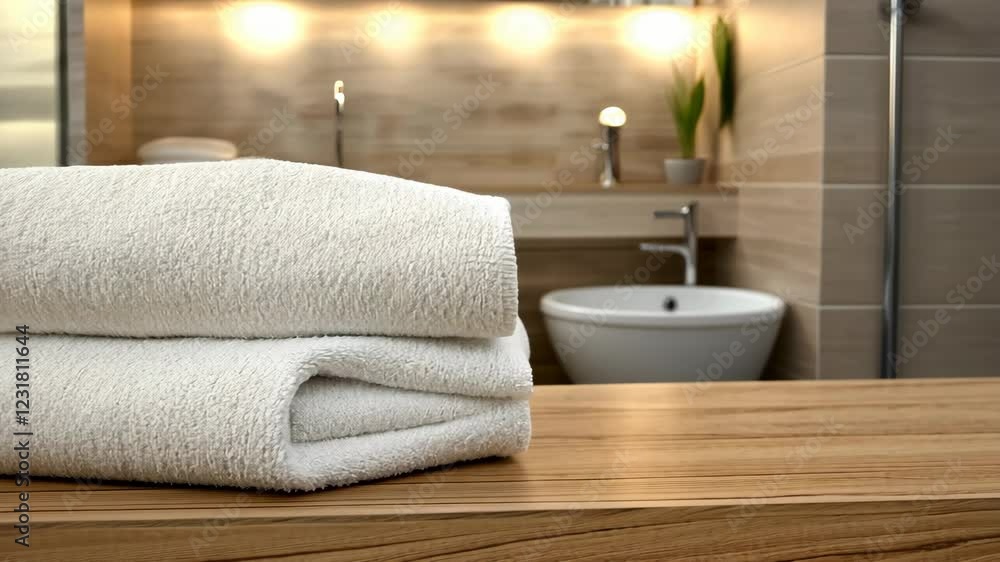 Two fluffy white towels rest on a wooden surface in a stylish bathroom, illuminated by soft lights and surrounded by modern decor Two fluffy white towels rest on a wooden surface in a stylish bathroom, illuminated by soft lights and surrounded by modern decor