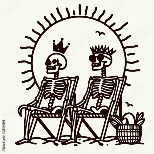 Two skeletons in sunglasses and crowns relax in deck chairs under a sun, embodying a humorous and carefree beach vibe.