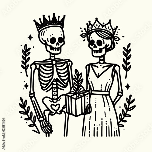 A whimsical illustration of a skeleton couple wearing crowns, holding a gift, surrounded by decorative leaves.