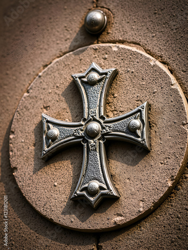 Close-Up of Iconic Knights Templar Symbols: Cross Pattee on Stone & Metal photo