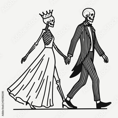 A whimsical illustration of a skeleton couple walking hand in hand, featuring a crowned bride in a flowing gown and a dapper groom in a striped suit.