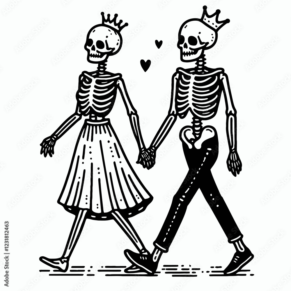 Two skeletons, a male and female, walk hand-in-hand, wearing crowns. The design reflects a playful, romantic theme with hearts above them. Two skeletons, a male and female, walk hand-in-hand, wearing crowns. The design reflects a playful, romantic theme with hearts above them.