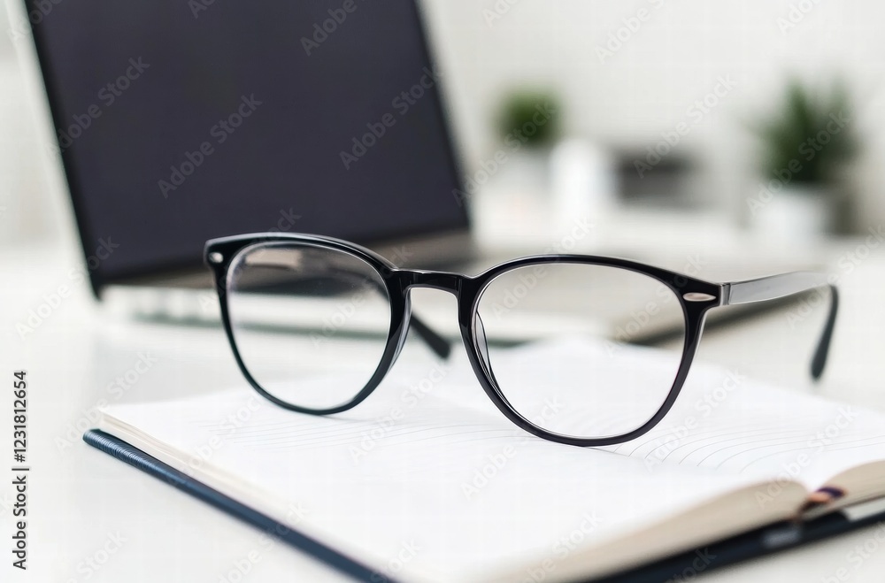 A pair of black glasses sits on top of a notebook A pair of black glasses sits on top of a notebook