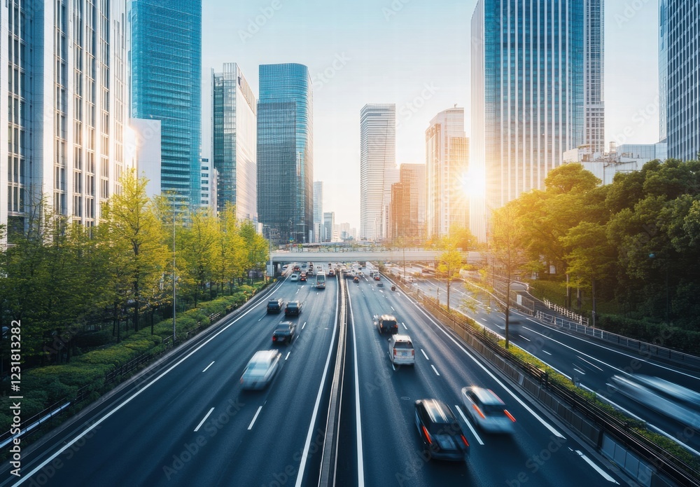 Fototapeta premium A busy highway with cars and a bridge in the background