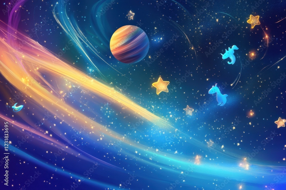 Naklejka premium Whimsical Cosmic Scene With Planets And Stars