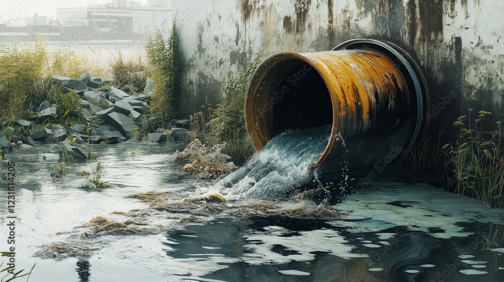 Futuristic Illustration of Water Pollution Depicting Toxic Waters Filled with Technological Waste and Mutated Aquatic Life. Conceptual Representation of a Dystopian Future Affected by Severe Water Futuristic Illustration of Water Pollution Depicting Toxic Waters Filled with Technological Waste and Mutated Aquatic Life. Conceptual Representation of a Dystopian Future Affected by Severe Water