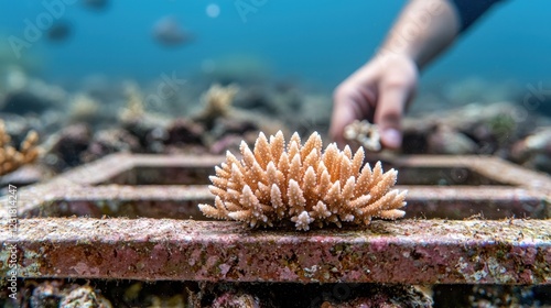 Fototapeta Naklejka Na Ścianę i Meble -  Coral reef restoration underwater nursery concept. Coral restoration effort in underwater environment with hand and coral