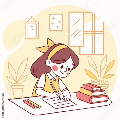 girl makes a homework. Cheerful pupil studying a lesson.