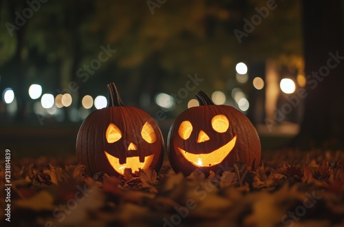 Two pumpkins with smiling faces are sitting on the ground in a park photo