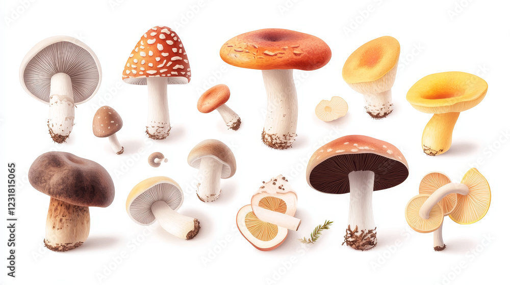 Champignon mushrooms isolated on white background. Whole, half, cut and sliced portobello top and side view. Fresh food, edible fungi graphic design elements, Realistic 3d vector illustration, set Champignon mushrooms isolated on white background. Whole, half, cut and sliced portobello top and side view. Fresh food, edible fungi graphic design elements, Realistic 3d vector illustration, set