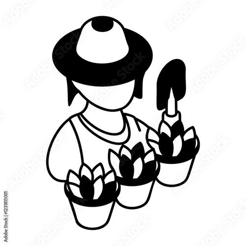 cultivator avatar isometric outline concept, agriculturalist or agriculturist with Crop vector icon design, Lawn Gardening symbol, Farm Plant sign agriculture and horticulture equipment illustration