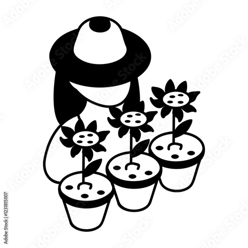 woman floriculture isometric outline concept, Floral designers vector icon design, Lawn and Gardening symbol, Farm and Plant sign, agriculture and horticulture equipment illustration