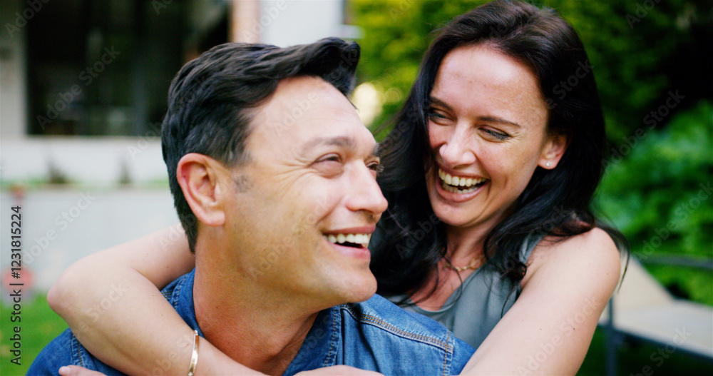 Couple, laughing and hug in garden by home for bonding, connection and affection in marriage. Happy people, romance or embrace outdoor with funny joke, commitment in relationship and support by house Couple, laughing and hug in garden by home for bonding, connection and affection in marriage. Happy people, romance or embrace outdoor with funny joke, commitment in relationship and support by house