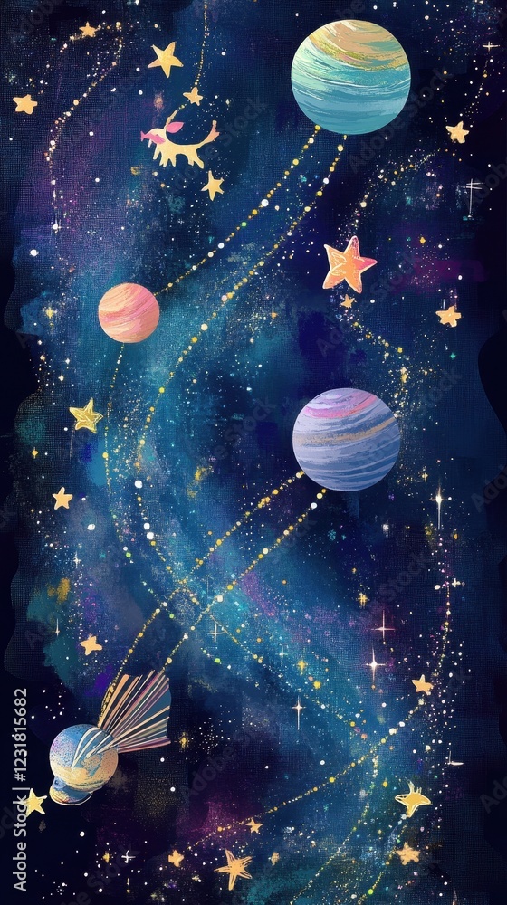 Naklejka premium Whimsical Cosmic Scene Featuring Planets Stars and Comet