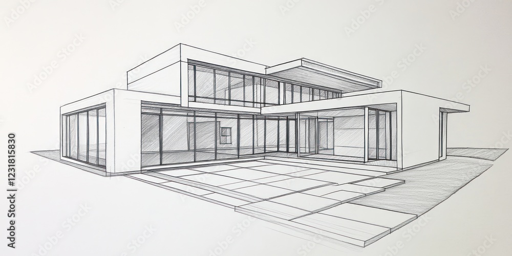Architectural Sketch of Modern House Design With Pool Architectural Sketch of Modern House Design With Pool