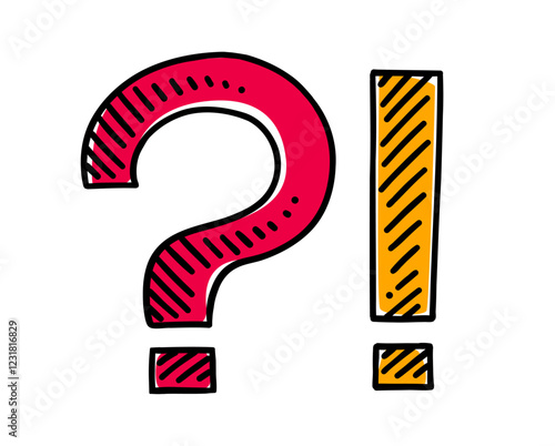 Simple children's drawing of a question mark and exclamation mark