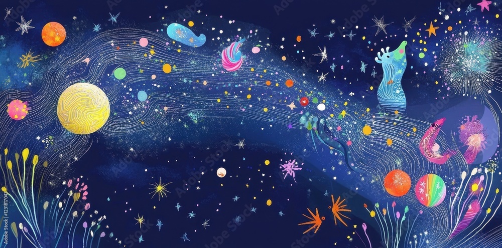 Whimsical Cosmic Creatures Swim Through Starry Skies Whimsical Cosmic Creatures Swim Through Starry Skies