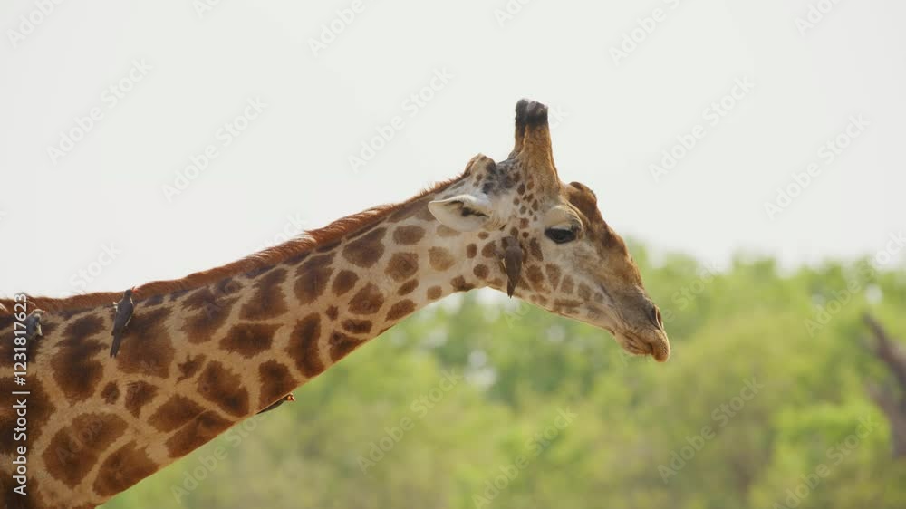 A Northern giraffe (Giraffa giraffa) cleaning nose with his tongue while red billed oxpeckers on his beatiful body. A Northern giraffe (Giraffa giraffa) cleaning nose with his tongue while red billed oxpeckers on his beatiful body.