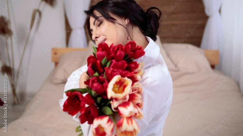 Soft morning sunrise light illuminating young woman in white shirt, holding vibrant red and orange tulips, inhaling fragrance with radiant smile in cozy bedroom setting Soft morning sunrise light illuminating young woman in white shirt, holding vibrant red and orange tulips, inhaling fragrance with radiant smile in cozy bedroom setting