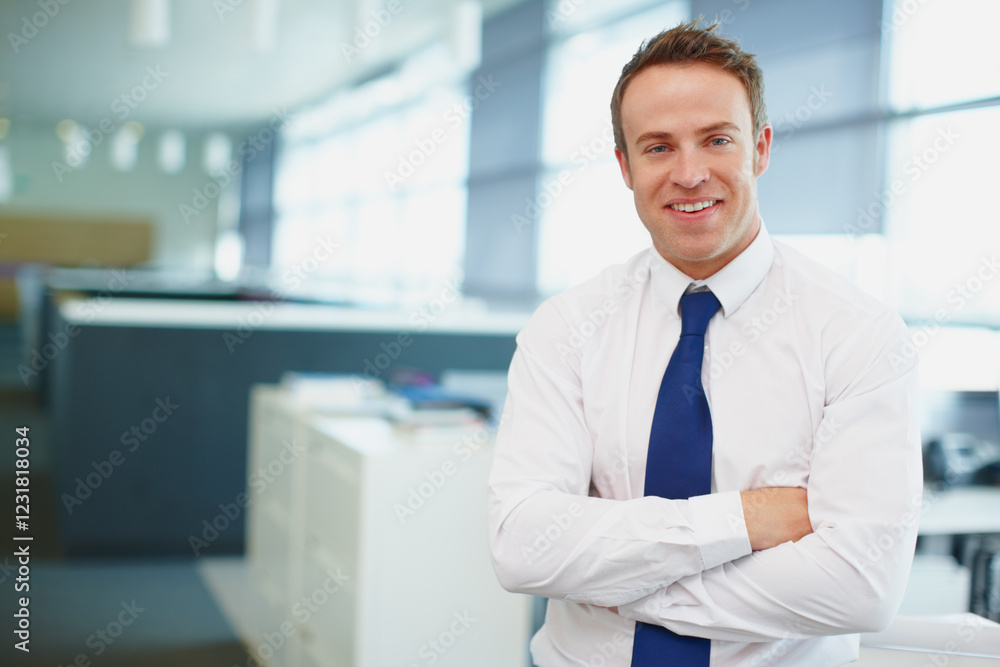 Portrait, business and man in office, arms crossed and career ambition with confidence. Face, happy person and professional for accounting firm, financial advisor and pride in workplace or happiness Portrait, business and man in office, arms crossed and career ambition with confidence. Face, happy person and professional for accounting firm, financial advisor and pride in workplace or happiness