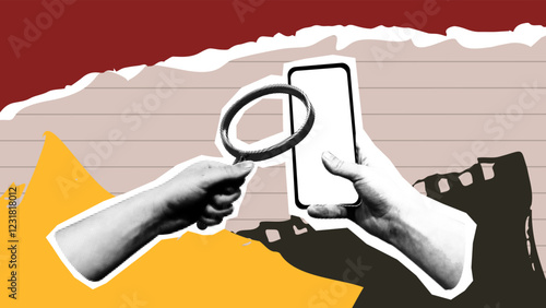 A hand holds a magnifying glass while another hand grips a smartphone, symbolizing the blend of traditional and modern methods in analysis. horizontal halftone collage