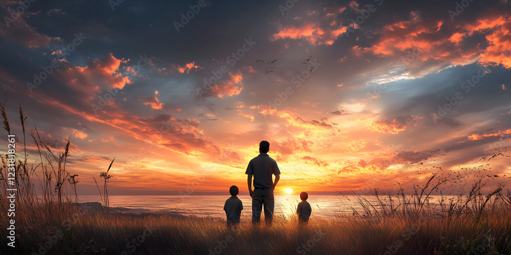 Fototapeta premium silhouette of a person in the sunset, Family Enjoying a Sunset Walk on the Beach