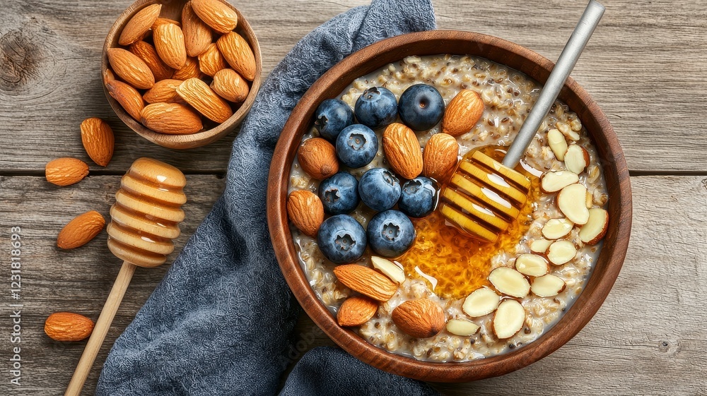 Fototapeta premium Healthy foods whole grains detox concept. A delicious bowl of oatmeal topped with almonds, blueberries, and honey, served with an extra bowl of almonds on a rustic wooden table.