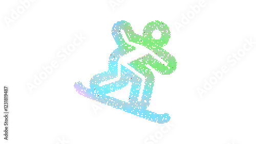 Icon snowboarding is made up of LED square shapes. There are bright diodes and there are black dead diodes