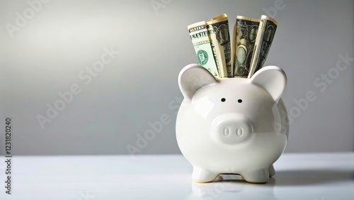 White Piggy Bank with Dollar Bills for Savings Concept on Grey Background