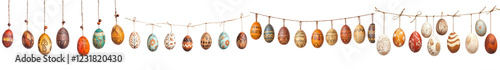 Assortment of Colorful Handmade Easter Eggs Hanging on a String Line for Spring Holiday and Traditional and Natural Vintage Style photo